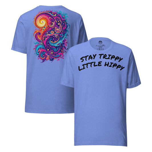 Light purple Stay Trippy graphic tee with bold retro psychedelic swirl design on back and "Stay Trippy Little Hippy" text on front