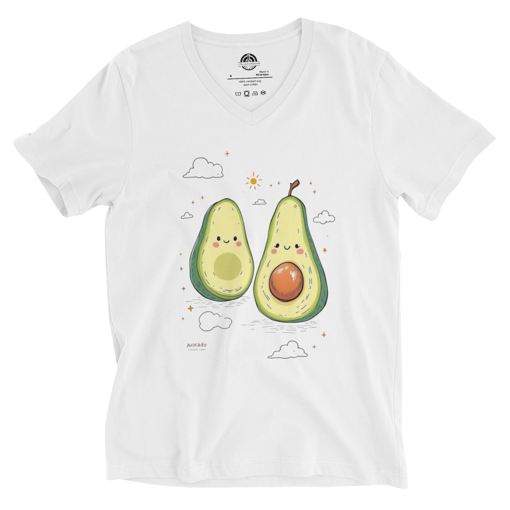 White Food Art V-Neck Tee featuring cute avocado graphic with smiling faces, unisex soft cotton shirt.