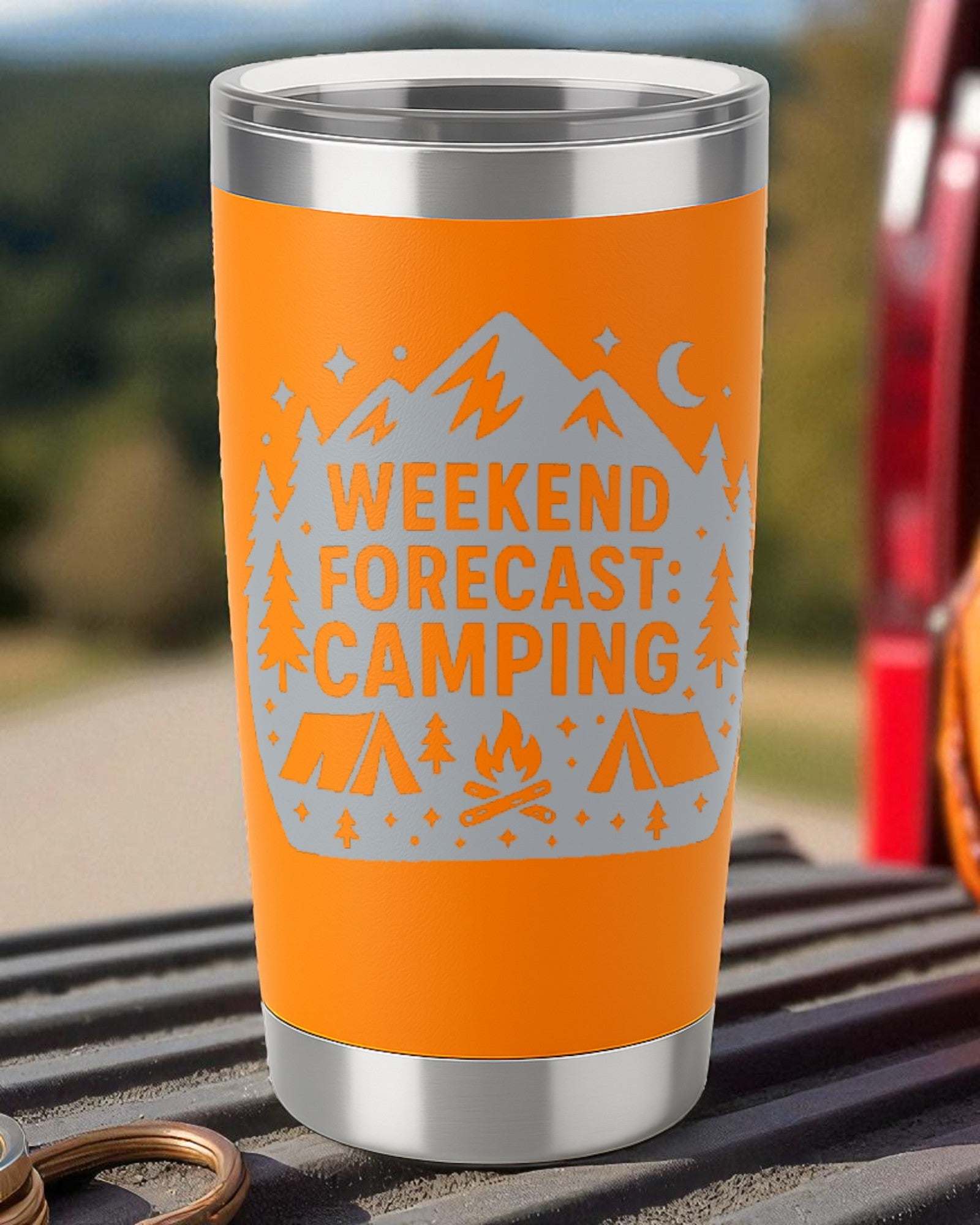 Orange 20oz double-wall stainless steel tumbler engraved with "Weekend Forecast: Camping" and camping graphics