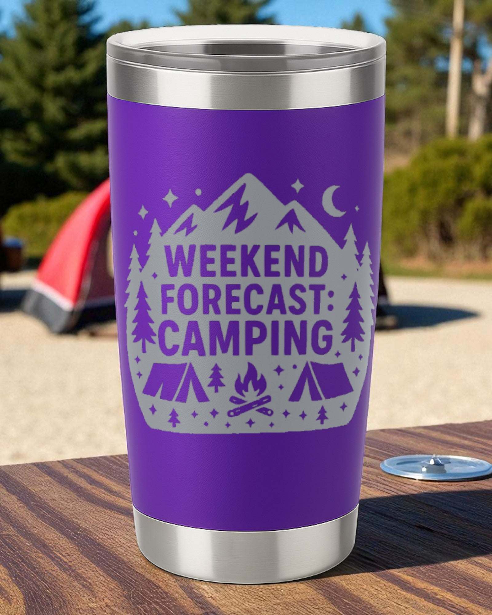 Purple 20oz stainless steel tumbler engraved with "Weekend Forecast: Camping" surrounded by camping graphics and clear slide lid.