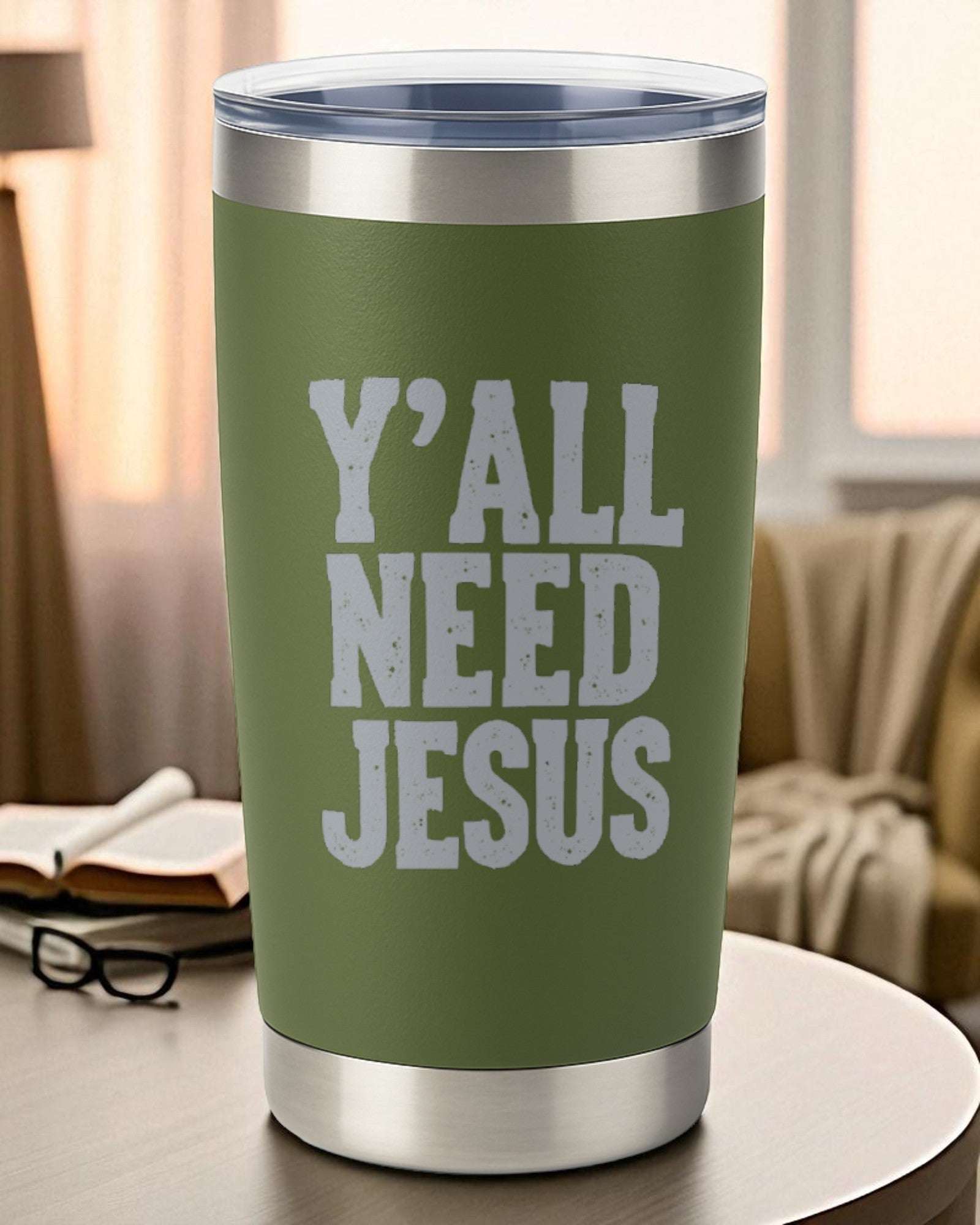 20oz green stainless steel tumbler with engraved “Y’all Need Jesus” text and clear lid.