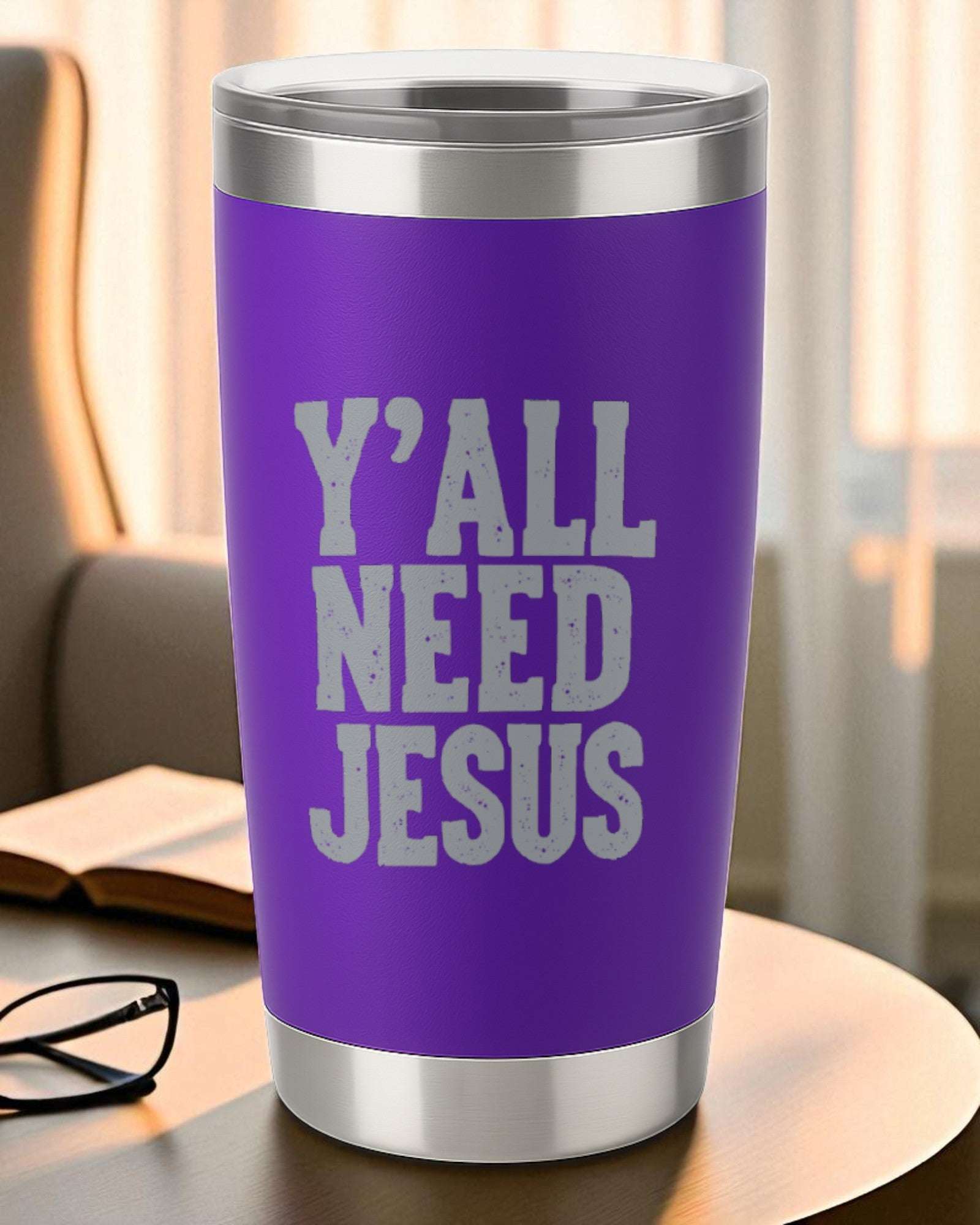 Purple 20oz stainless steel tumbler with engraved "Y’all Need Jesus" text and clear lid.