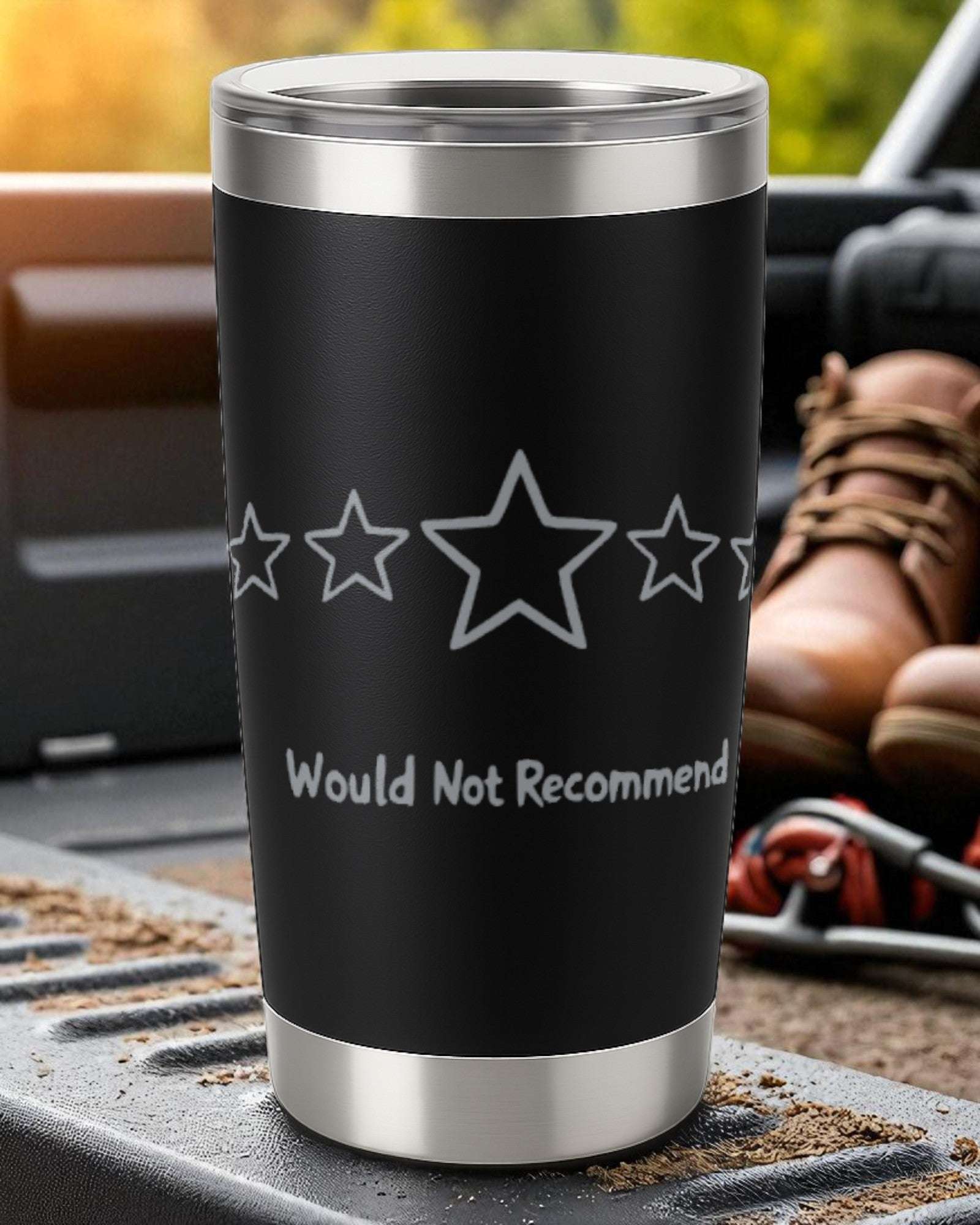 20oz black powder-coated tumbler with "Zero Stars Would Not Recommend" laser engraved, stainless steel vacuum insulated with clear sliding lid