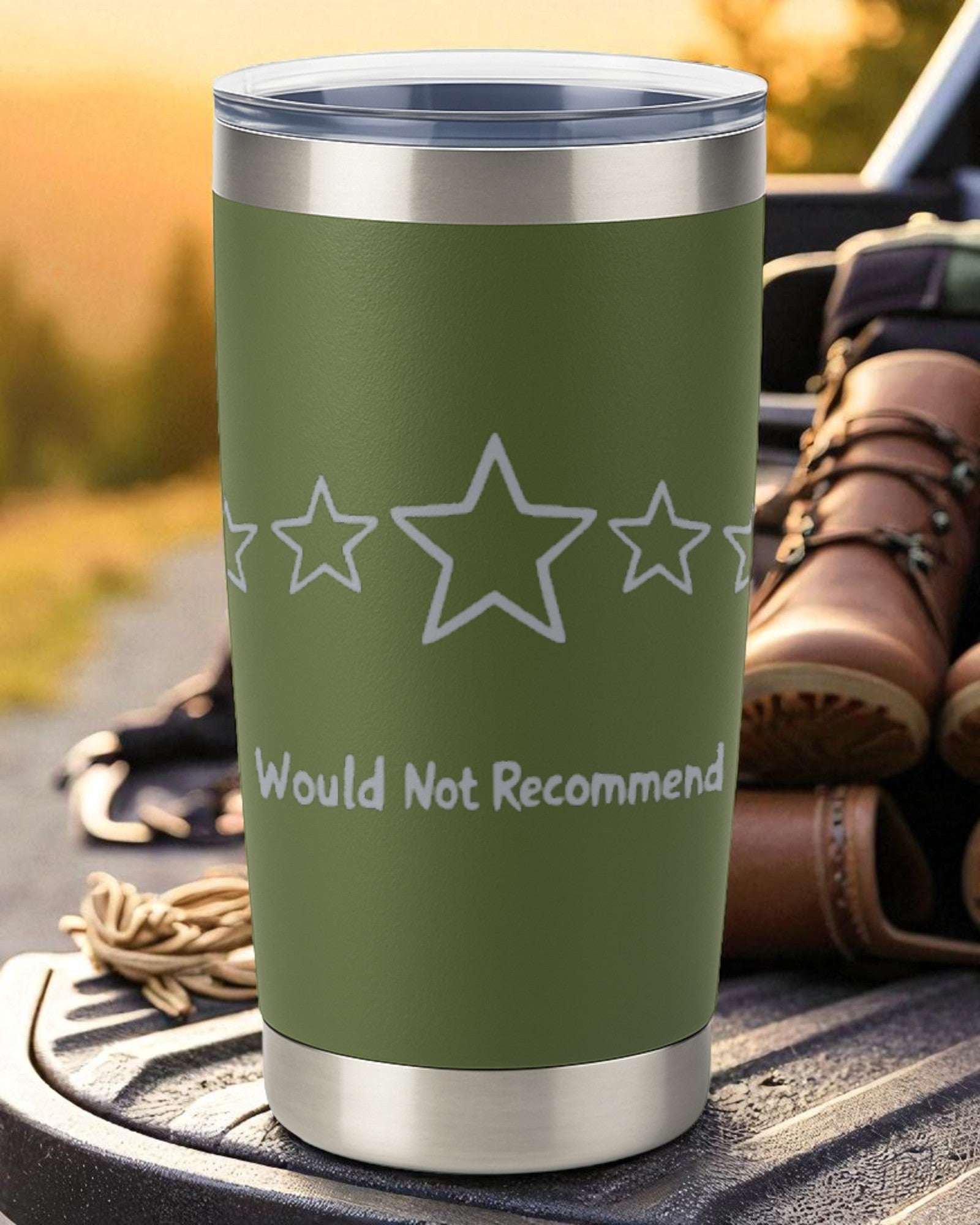 20oz olive green stainless steel tumbler with laser-engraved "Zero Stars. Would Not Recommend" text and clear sliding lid