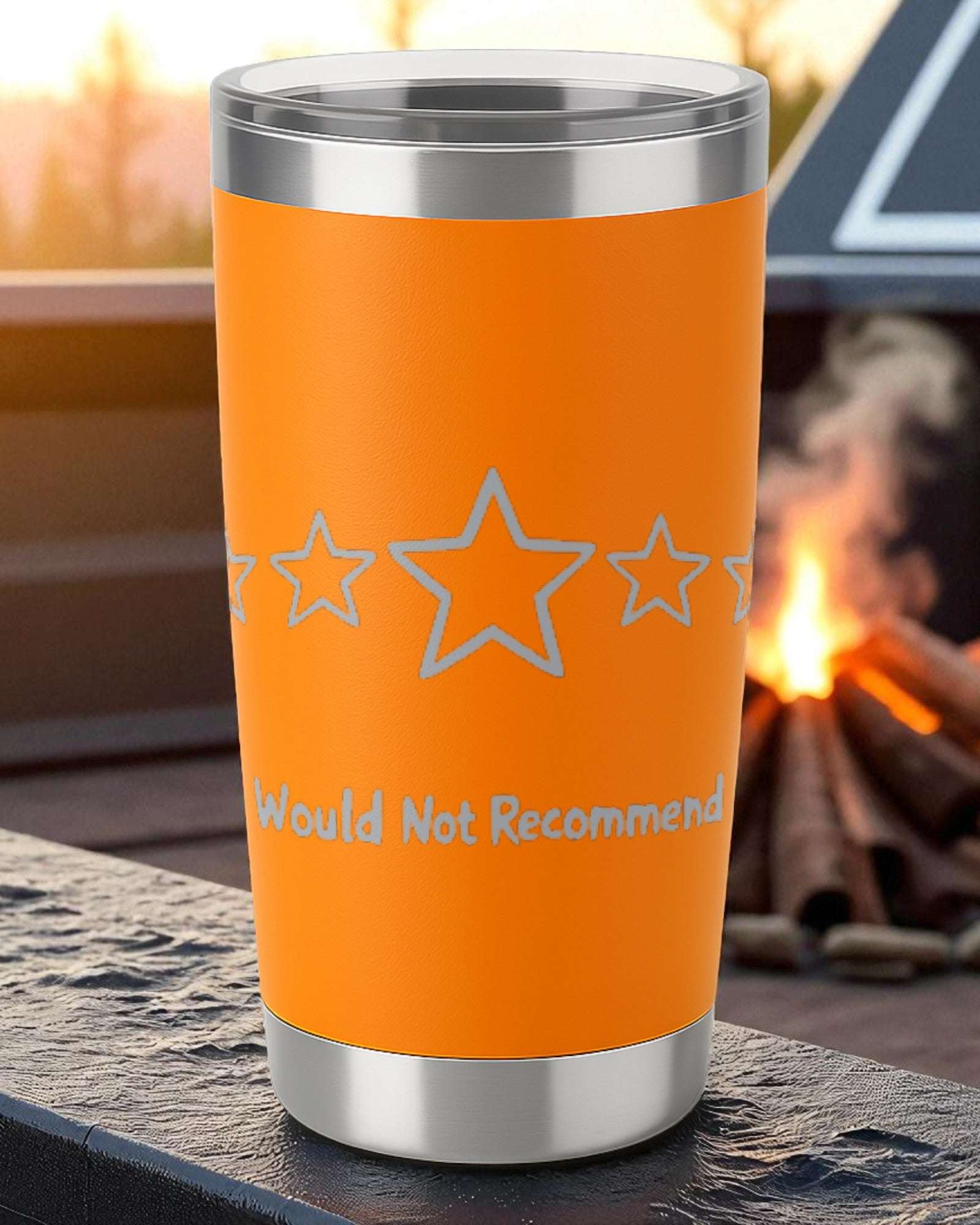 20oz orange powder-coated tumbler with laser-engraved "Zero Stars. Would Not Recommend" text and clear sliding lid, vacuum-insulated stainless steel design