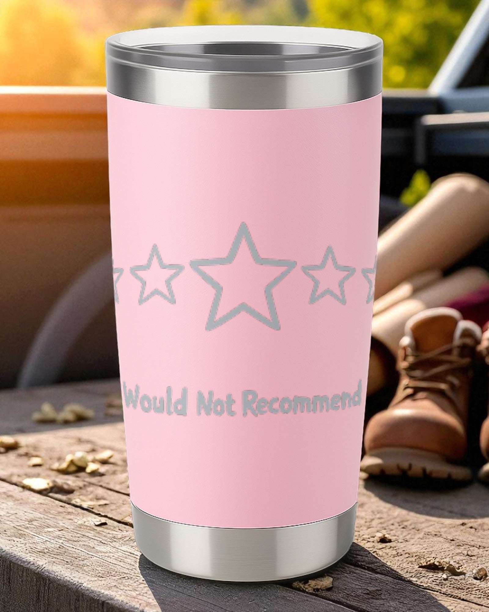 20oz pink engraved tumbler with "Zero Stars. Would Not Recommend" text and star design, vacuum-insulated stainless steel with clear lid