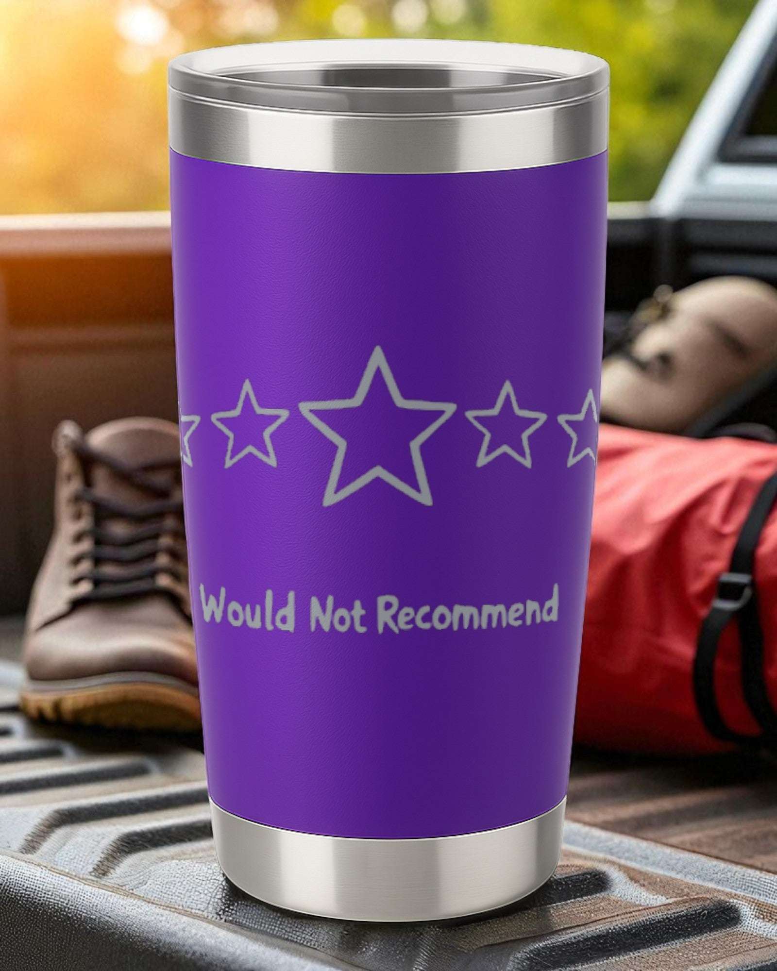 Purple 20oz stainless steel tumbler with laser-engraved "Zero Stars. Would Not Recommend" design and clear sliding lid.