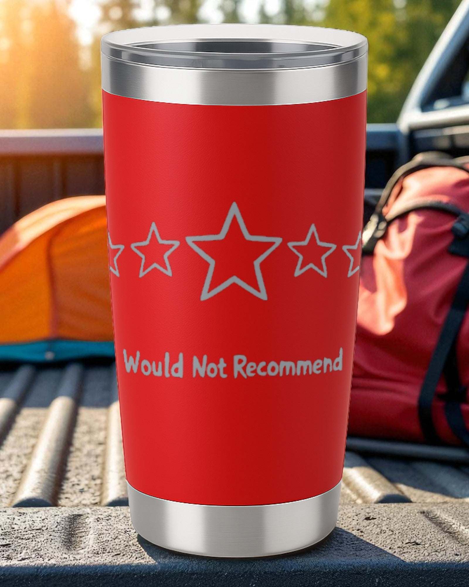 Red 20oz vacuum-insulated tumbler engraved with "Zero Stars. Would Not Recommend" and star design