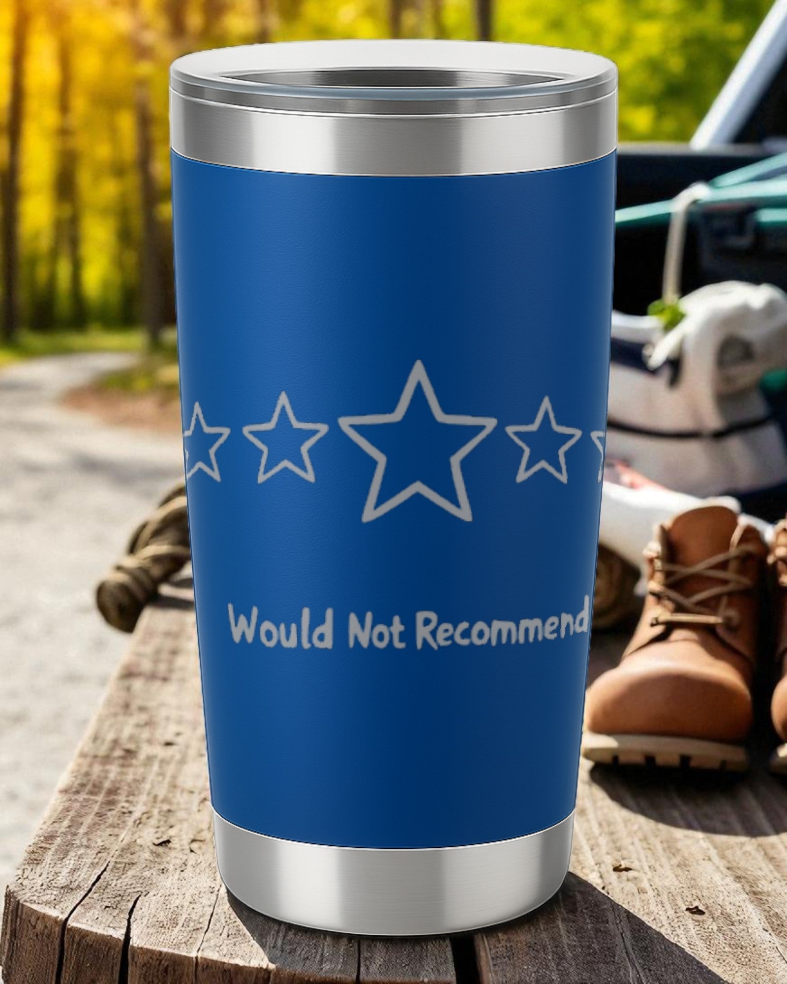 Blue 20oz stainless steel tumbler engraved with "Zero Stars. Would Not Recommend" and star rating design
