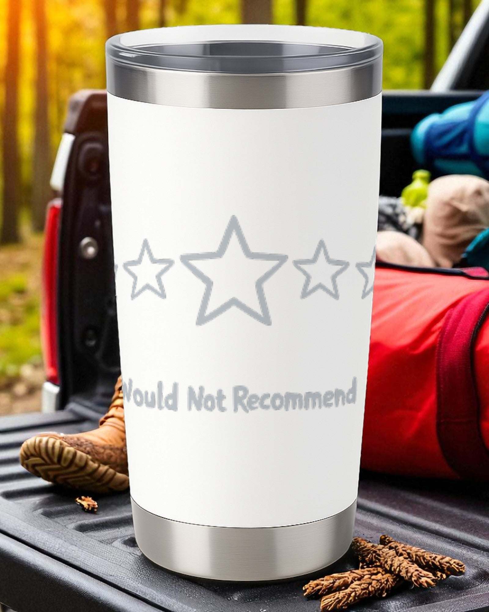 20oz white powder-coated tumbler with "Zero Stars. Would Not Recommend" engraved, vacuum-insulated stainless steel with clear sliding lid.