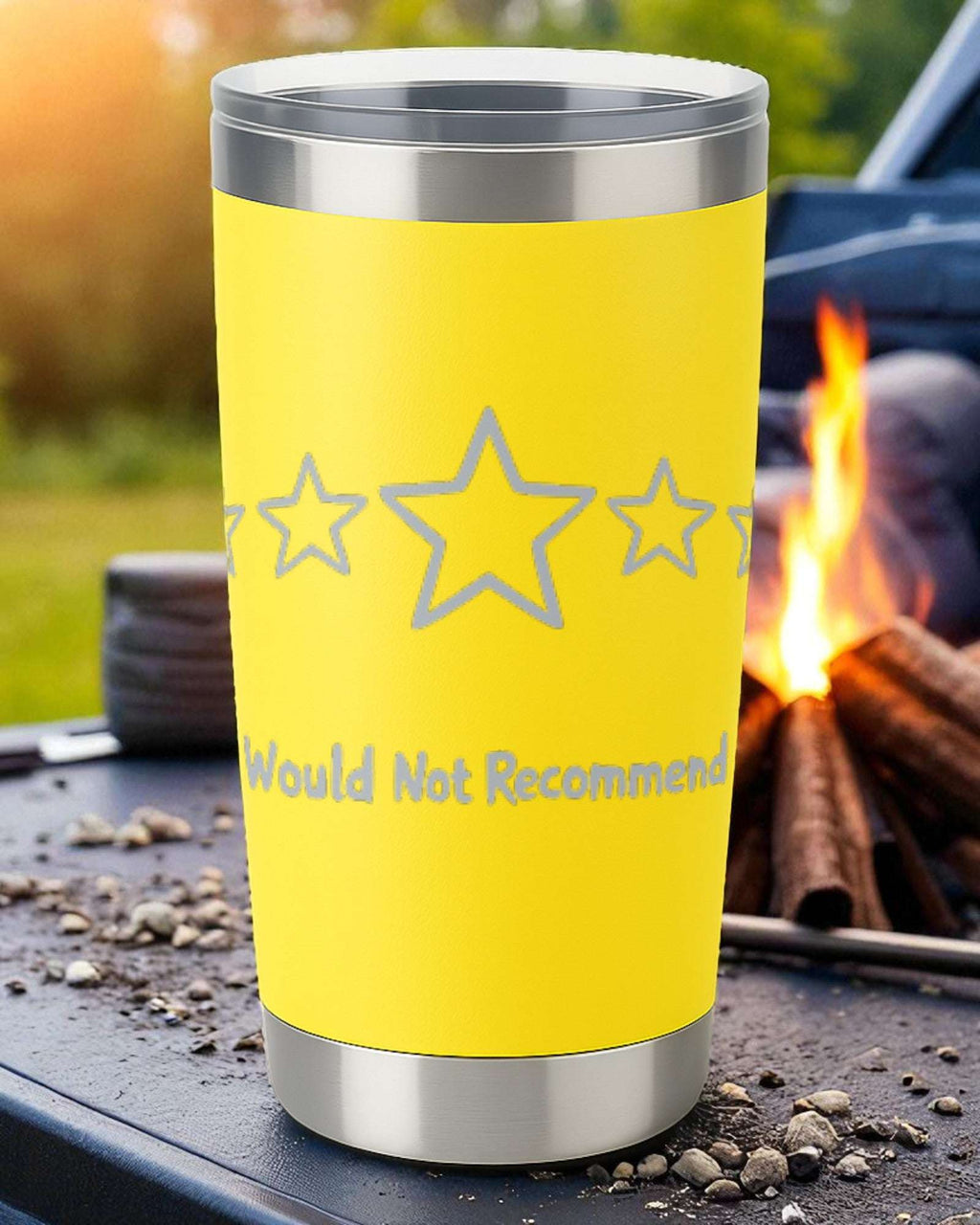 20oz yellow powder-coated tumbler with "Zero Stars. Would Not Recommend" laser-engraved design and clear sliding lid